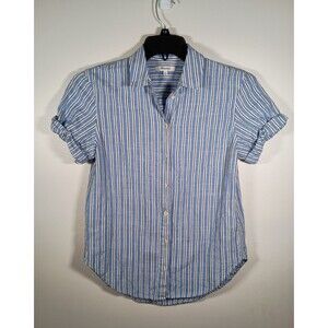 Madewell Cotton Womens Blue Striped Cuffed Short Sleeve Button Shirt Size XS